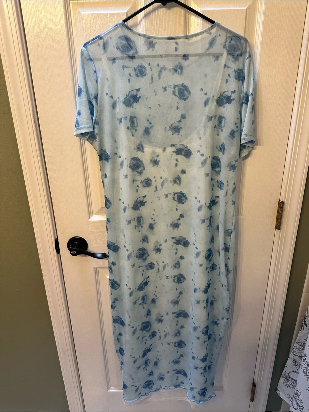 Sheer Light Blue Floral Maternity Maxi Dress with Short Sleeves